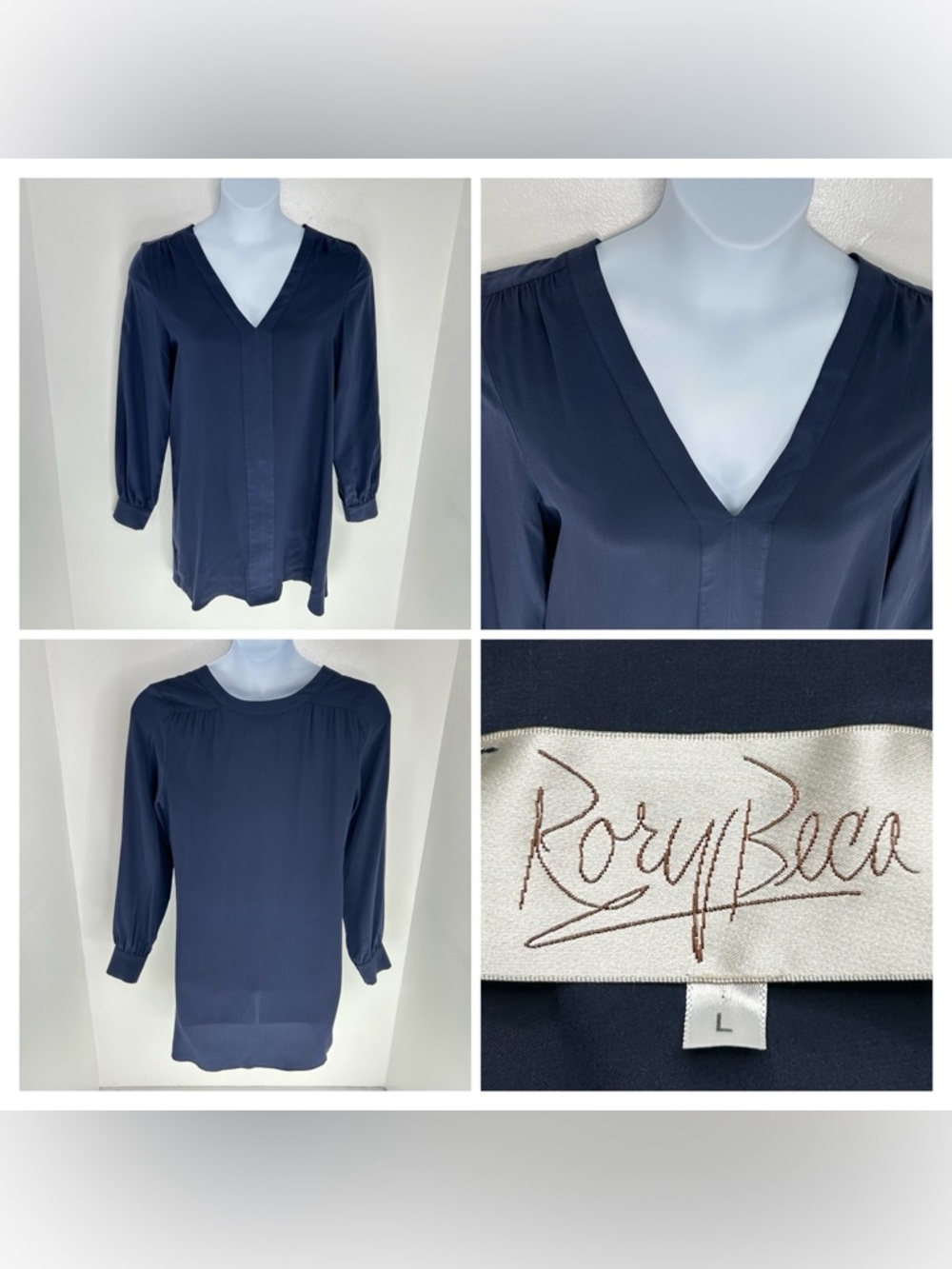 Rory Beca 100% Silk Satin V Neck Long Sleeve Mini Dress Navy Blue Size Large